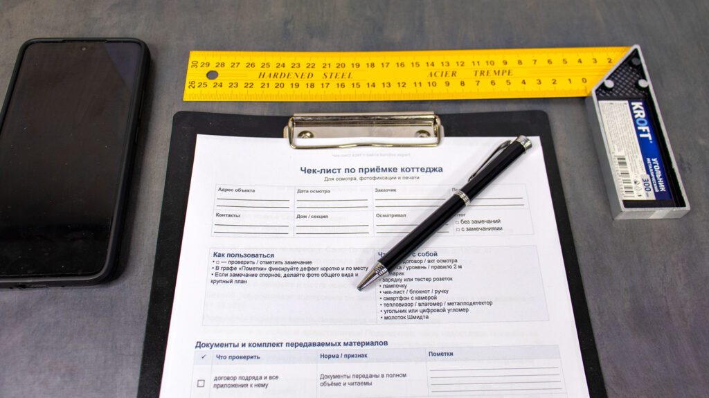 Чек-лист по приёмке коттеджа на планшете с ручкой, угольником и смартфоном