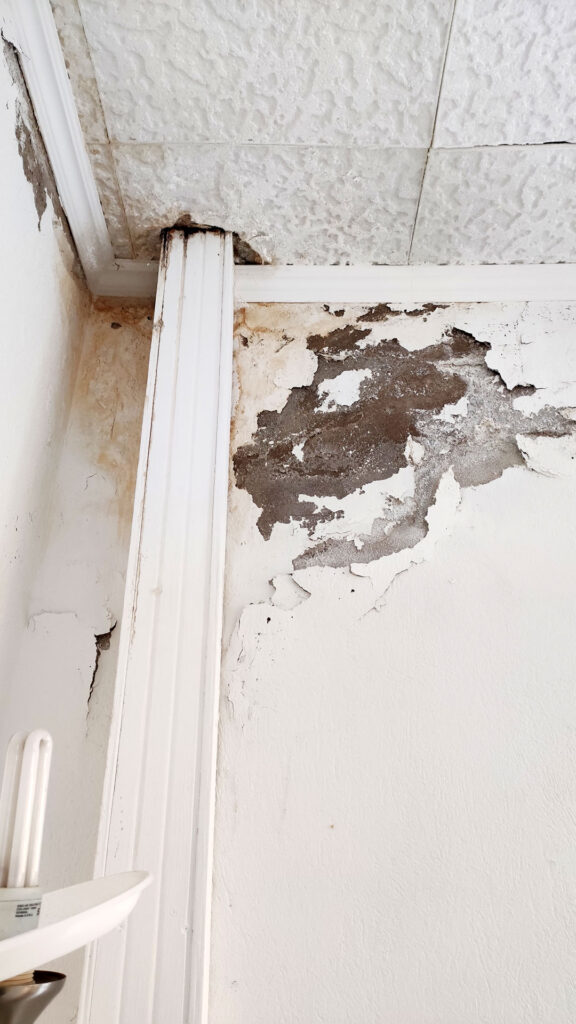 Крупный план повреждений стены и отделки после залива квартиры