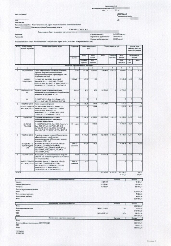 Локальная смета на ремонт дороги общего пользования местного значения