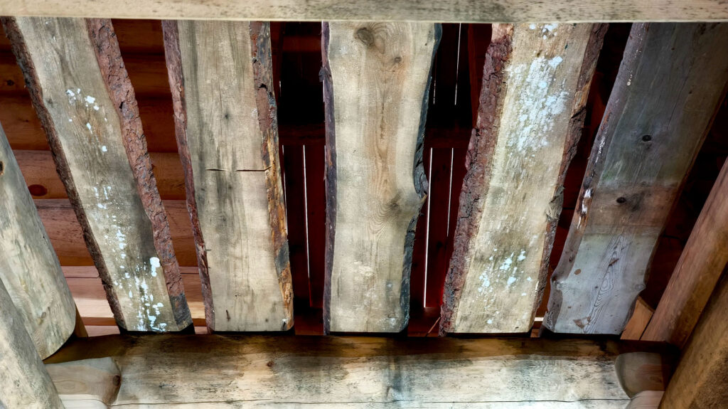 Следы намокания и биопоражения на деревянных элементах перекрытия