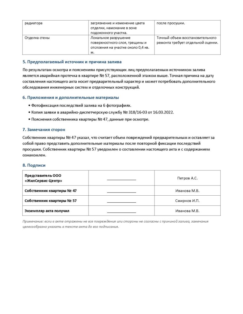 Вторая страница образца акта о заливе квартиры с причиной залива, приложениями и подписями сторон