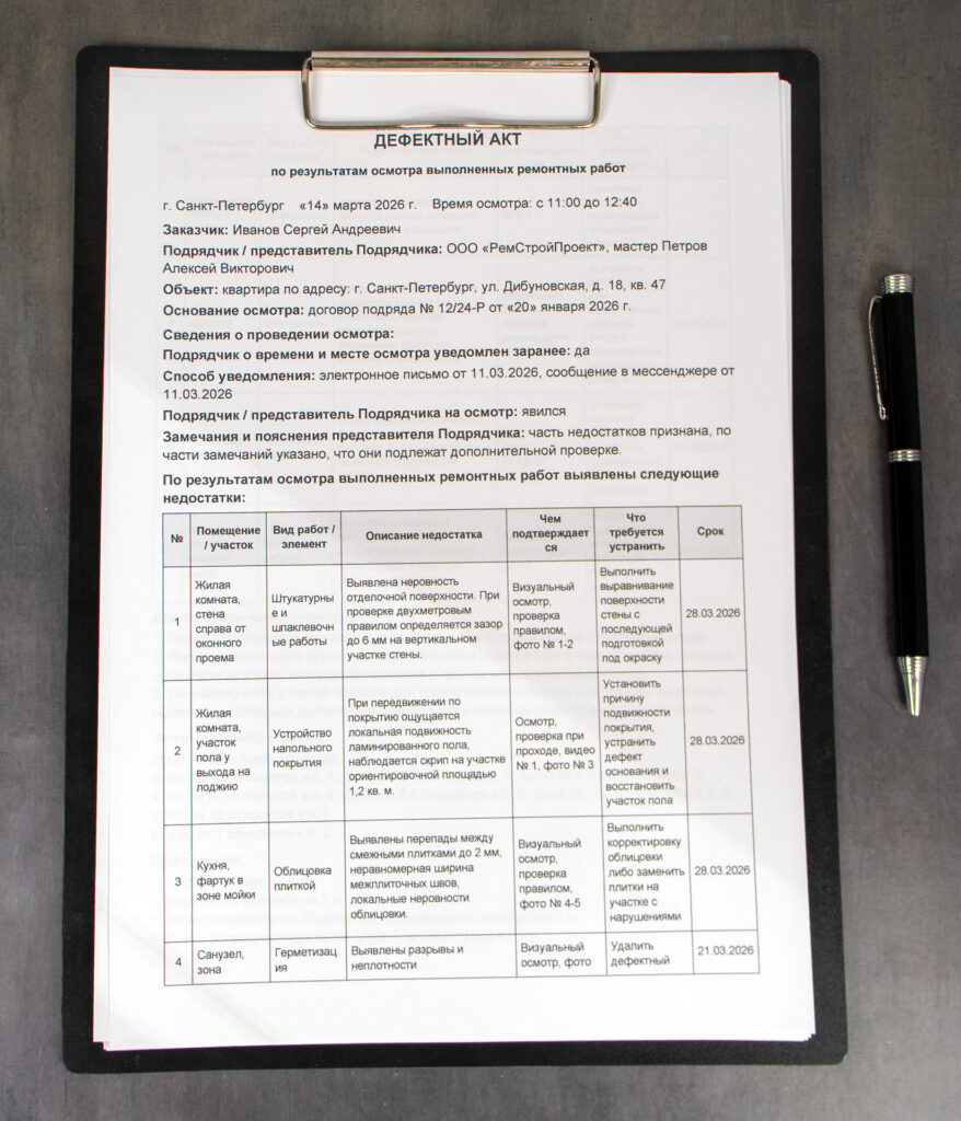 Первая страница дефектного акта по ремонту квартиры с шапкой документа и началом таблицы недостатков