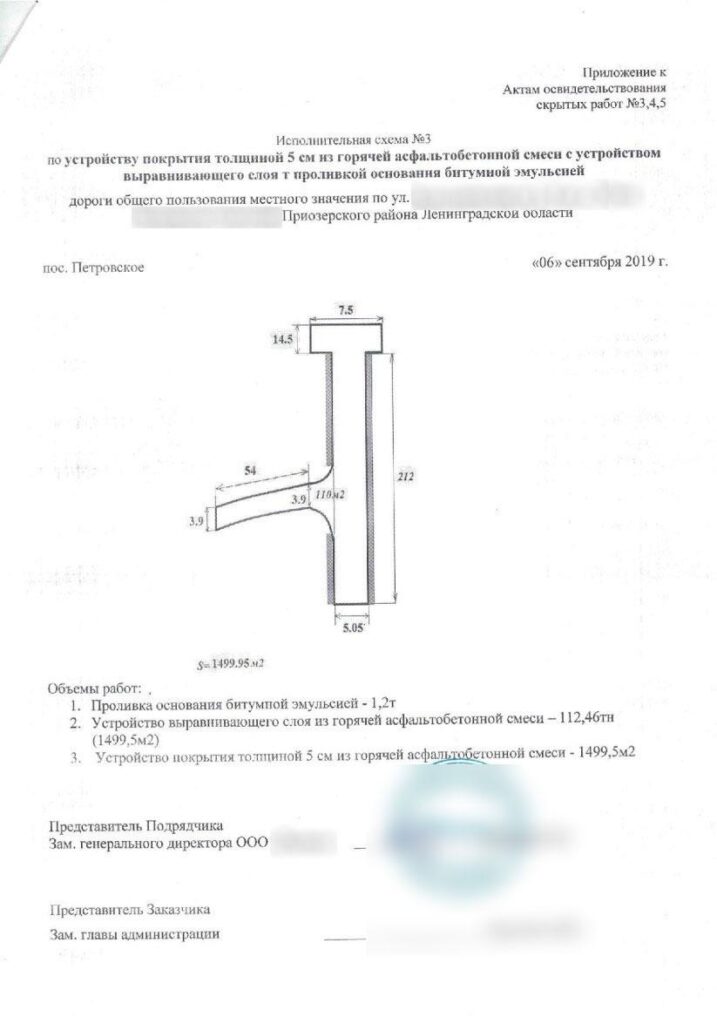 Исполнительная схема объекта исследования по ремонту дороги с устройством асфальтобетонного покрытия