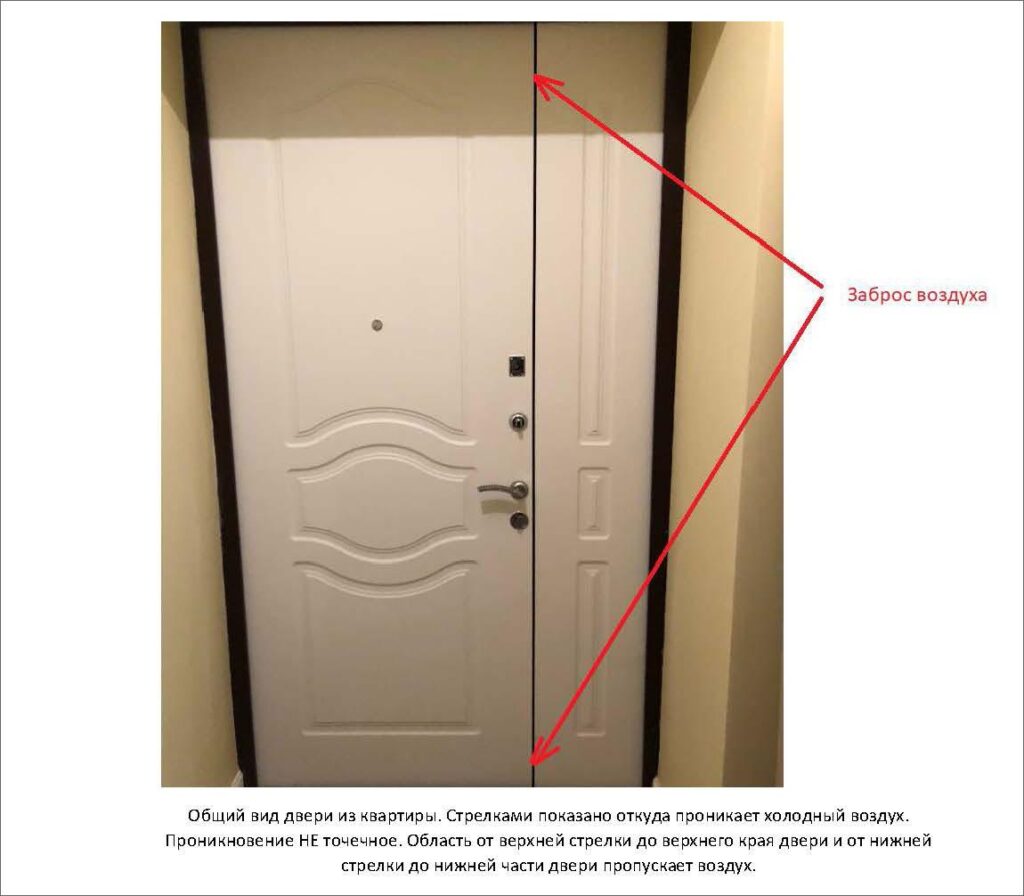 Общий вид входной металлической двери со стороны квартиры с указанием зоны проникновения холодного воздуха